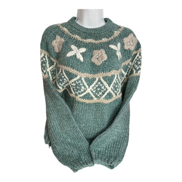 Shenanigans Hand Knit Womens S Cabincore Granny‎ Ramie Blend Green Sweater READ - Picture 2 of 10